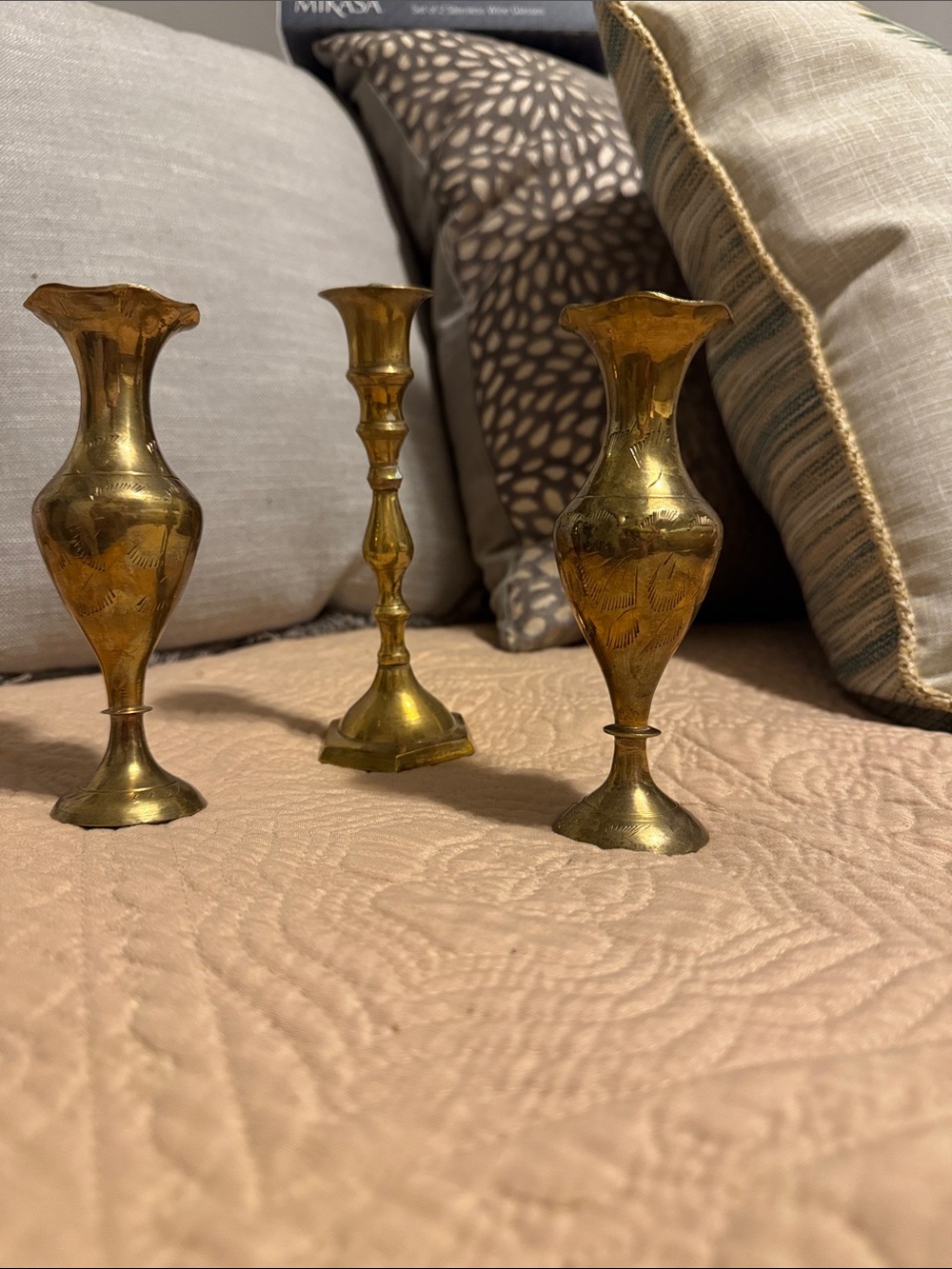 Brass Finish Decorative Vase and Candlestick Accent Set - Gold Tone